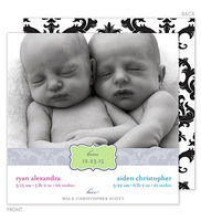 Grey Damask Twins Photo Birth Announcements