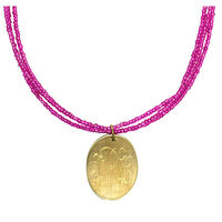 Oval Brushed Brass Pendant with Hot Pink Seed Bead Necklace