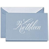 Hand Engraved Name on Lightweight Dalton Blue Folded Note Cards