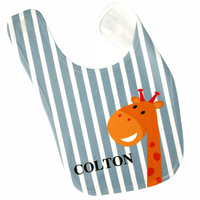Grey and White Striped Baby Bib with Boy Giraffe Design