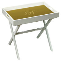 White Wood Serving Tray with Etched Glass Script Monogram Plus Wood Stand
